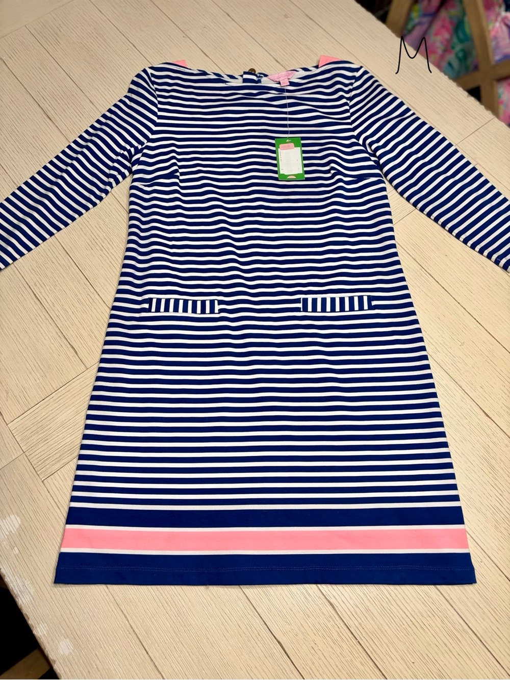 Lilly Pulitzer Navy and White Striped Long-Sleeve Dress with Pink Hem